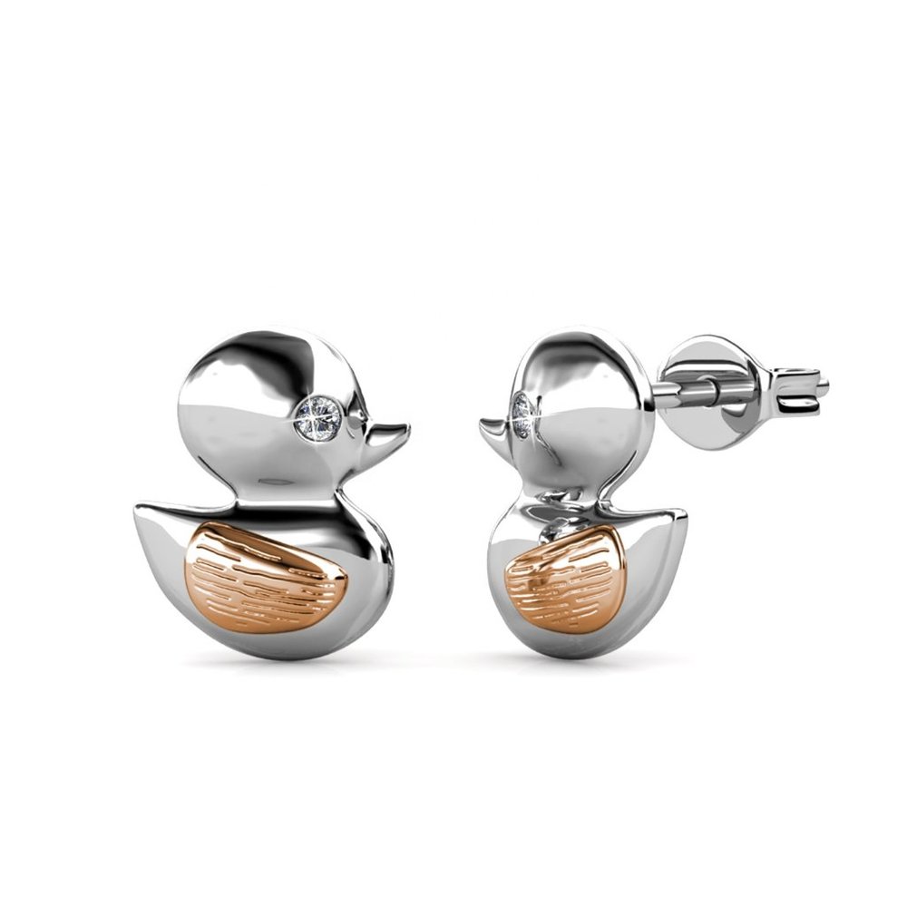 Cute Silver Duck Earrings With Rose Gold Wing And Swarovski Crystal - Picture 4 of 10